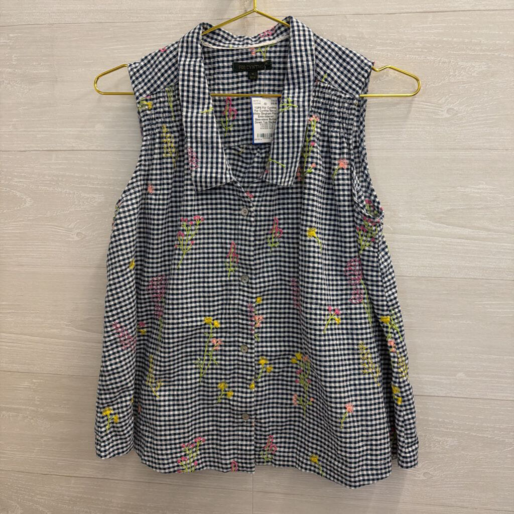 For Cynthia Navy/ White Gingham Floral Embroidered Sleeveless Button Down Top Medium
