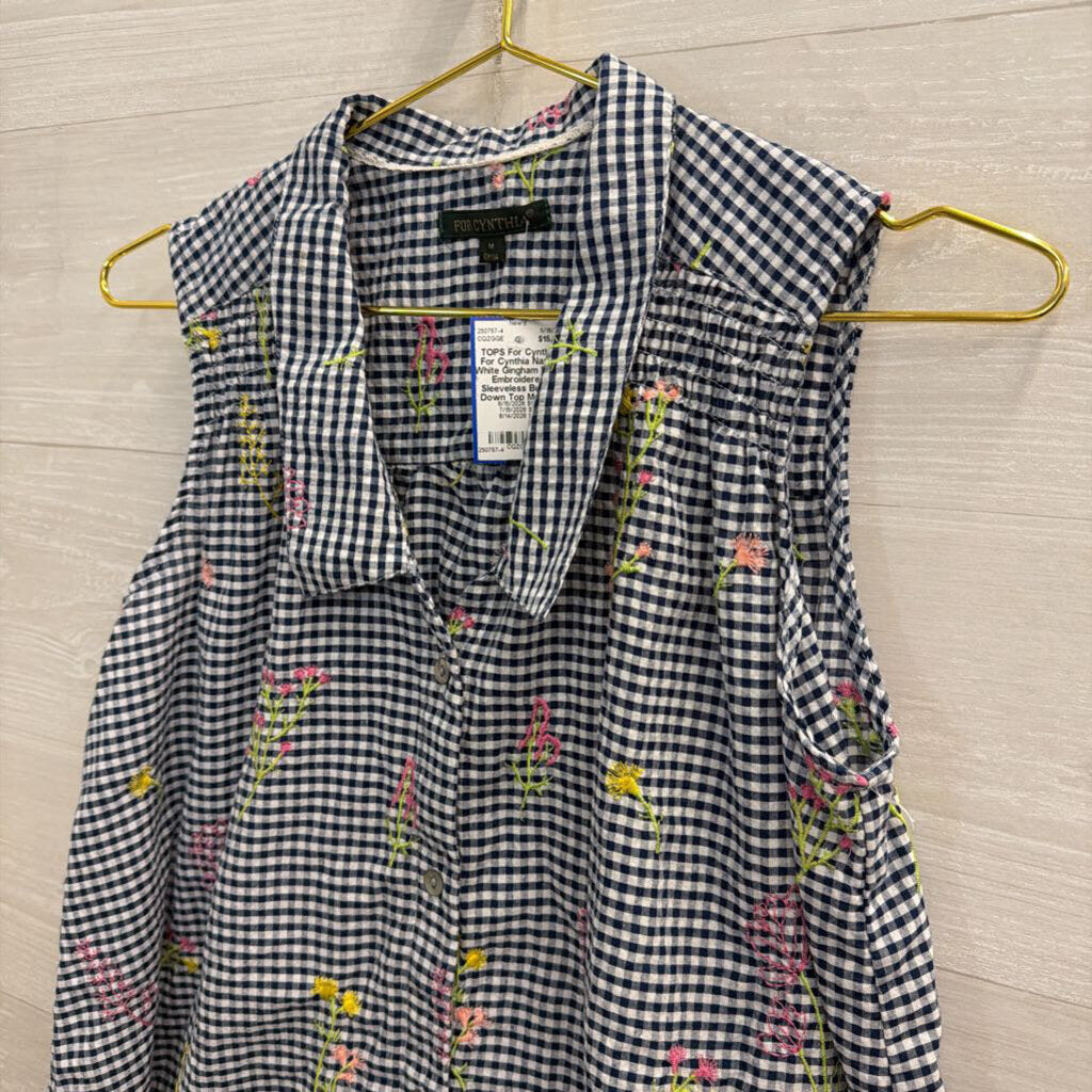 For Cynthia Navy/ White Gingham Floral Embroidered Sleeveless Button Down Top Medium