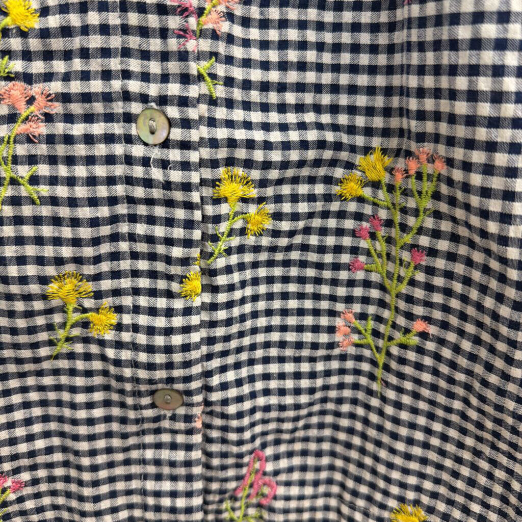 For Cynthia Navy/ White Gingham Floral Embroidered Sleeveless Button Down Top Medium