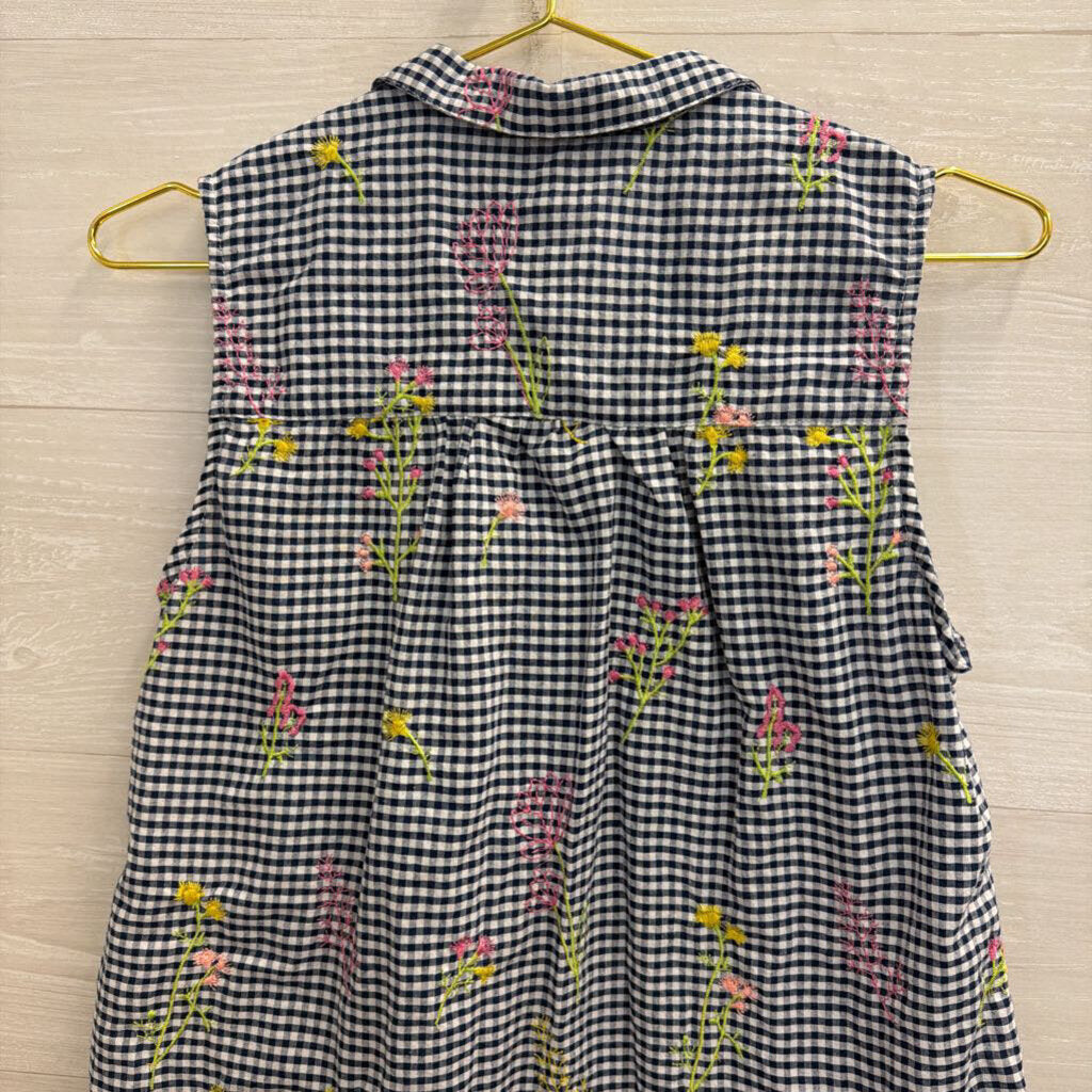 For Cynthia Navy/ White Gingham Floral Embroidered Sleeveless Button Down Top Medium