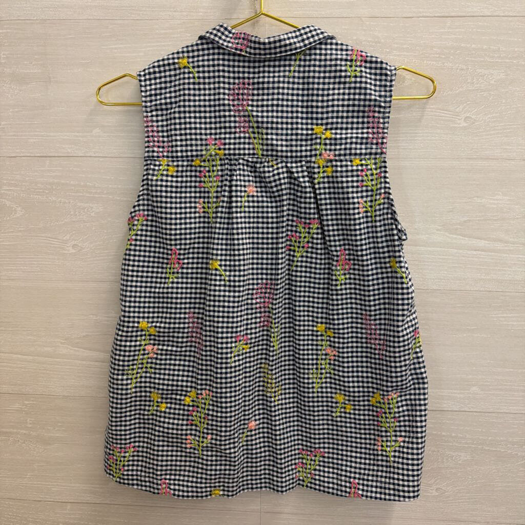 For Cynthia Navy/ White Gingham Floral Embroidered Sleeveless Button Down Top Medium