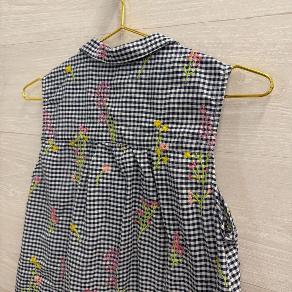 For Cynthia Navy/ White Gingham Floral Embroidered Sleeveless Button Down Top Medium