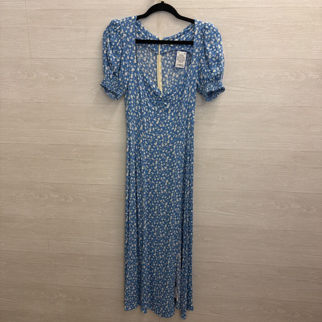Reformation Blue/ White Floral Print Short Puff Sleeve Maxi Dress 4