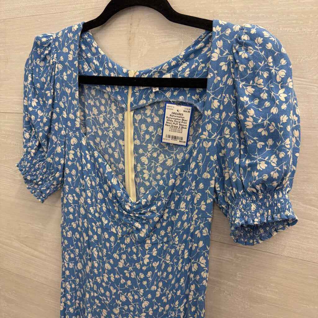 Reformation Blue/ White Floral Print Short Puff Sleeve Maxi Dress 4