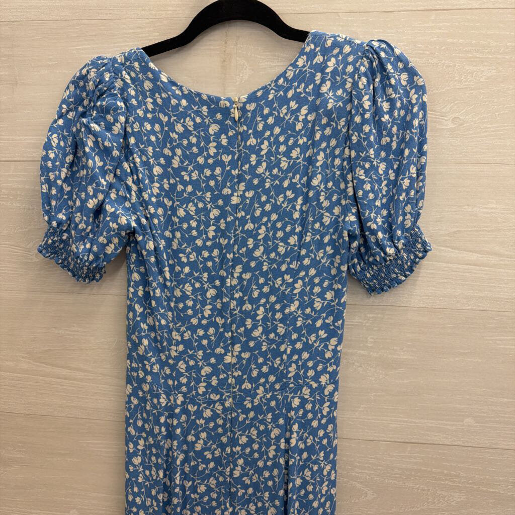 Reformation Blue/ White Floral Print Short Puff Sleeve Maxi Dress 4