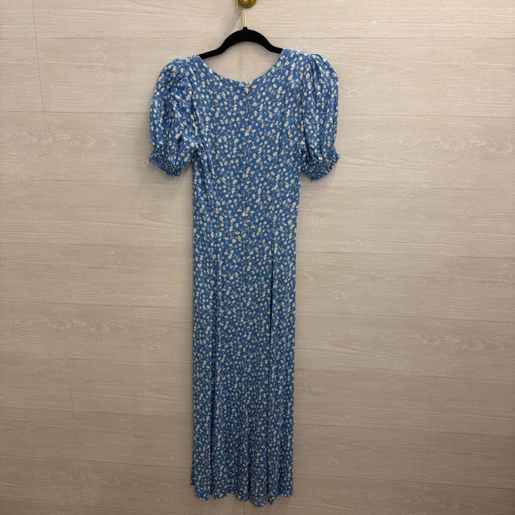 Reformation Blue/ White Floral Print Short Puff Sleeve Maxi Dress 4