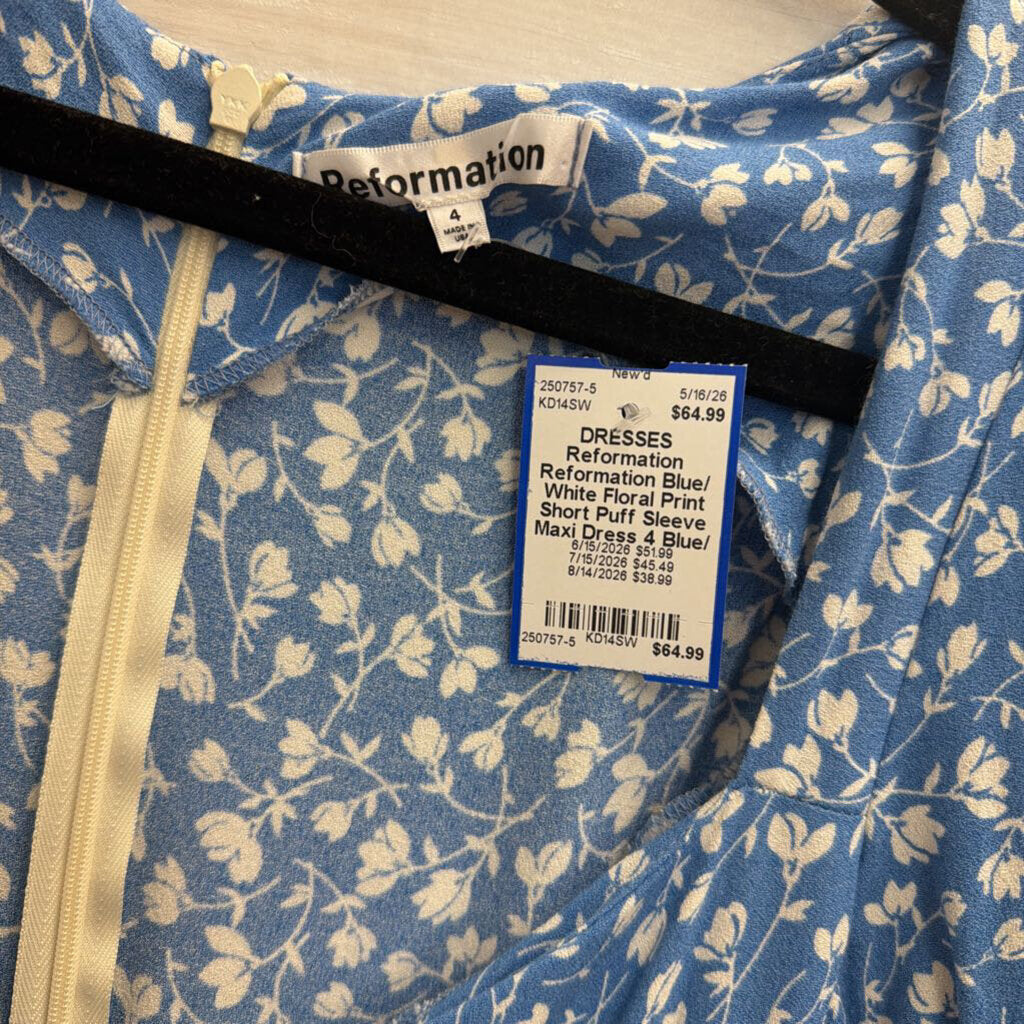 Reformation Blue/ White Floral Print Short Puff Sleeve Maxi Dress 4