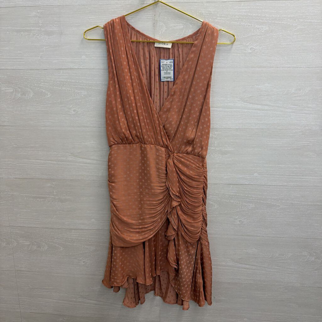 Storia Orange Silky Polka Dot Ruffle Sleeveless Mini Dress Small