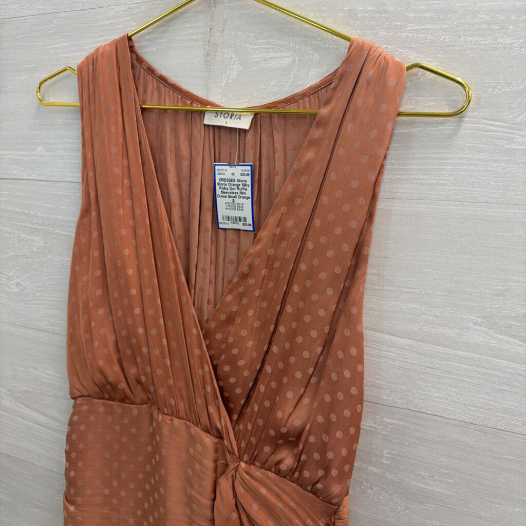 Storia Orange Silky Polka Dot Ruffle Sleeveless Mini Dress Small