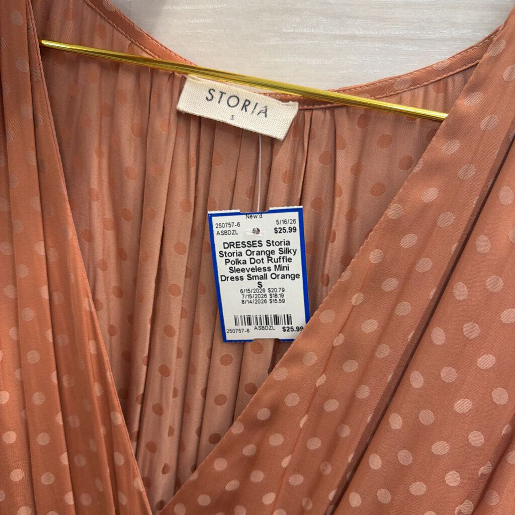Storia Orange Silky Polka Dot Ruffle Sleeveless Mini Dress Small
