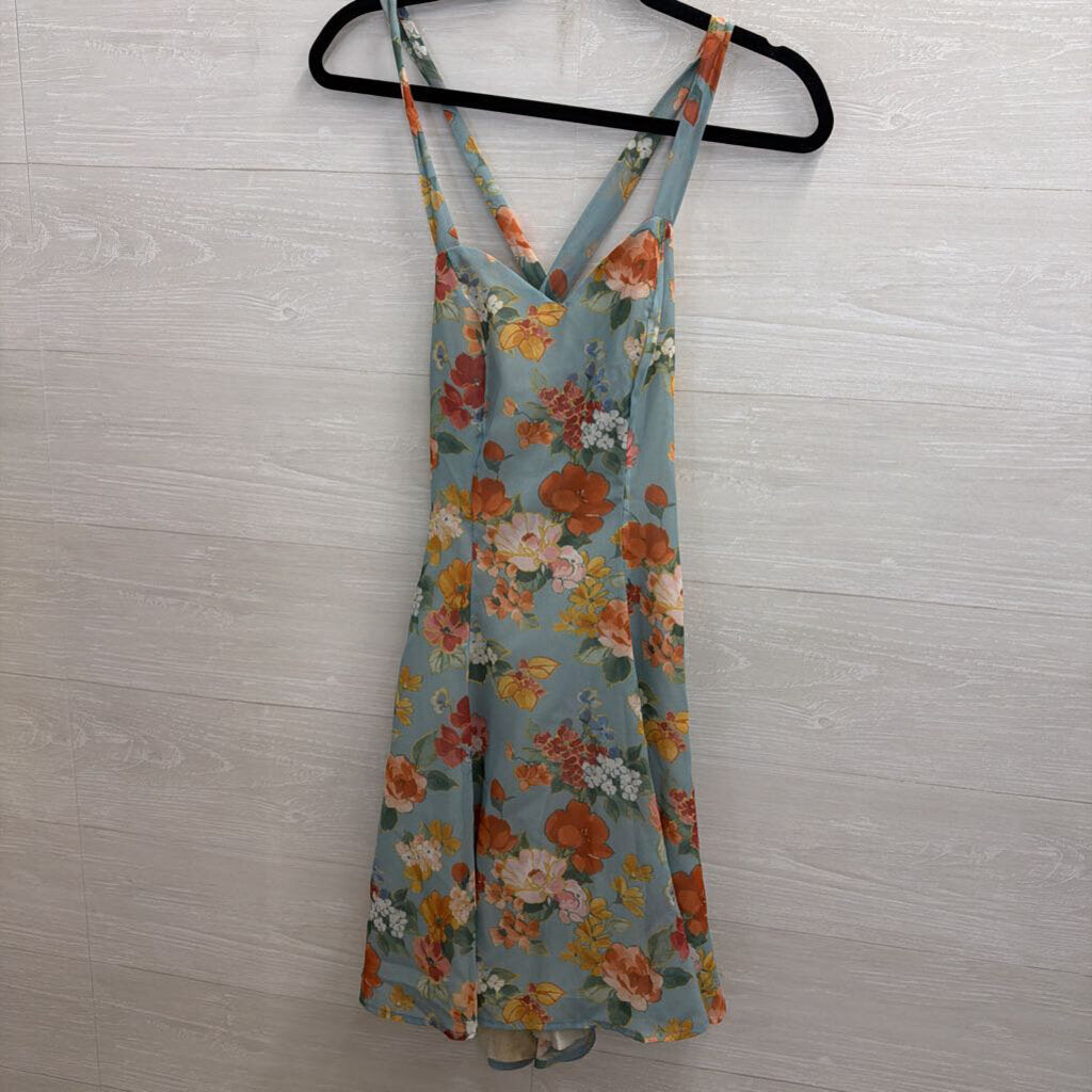 Alyn Paige Vintage Blue/ Multi Floral Lace Up Back Mini Dress Small