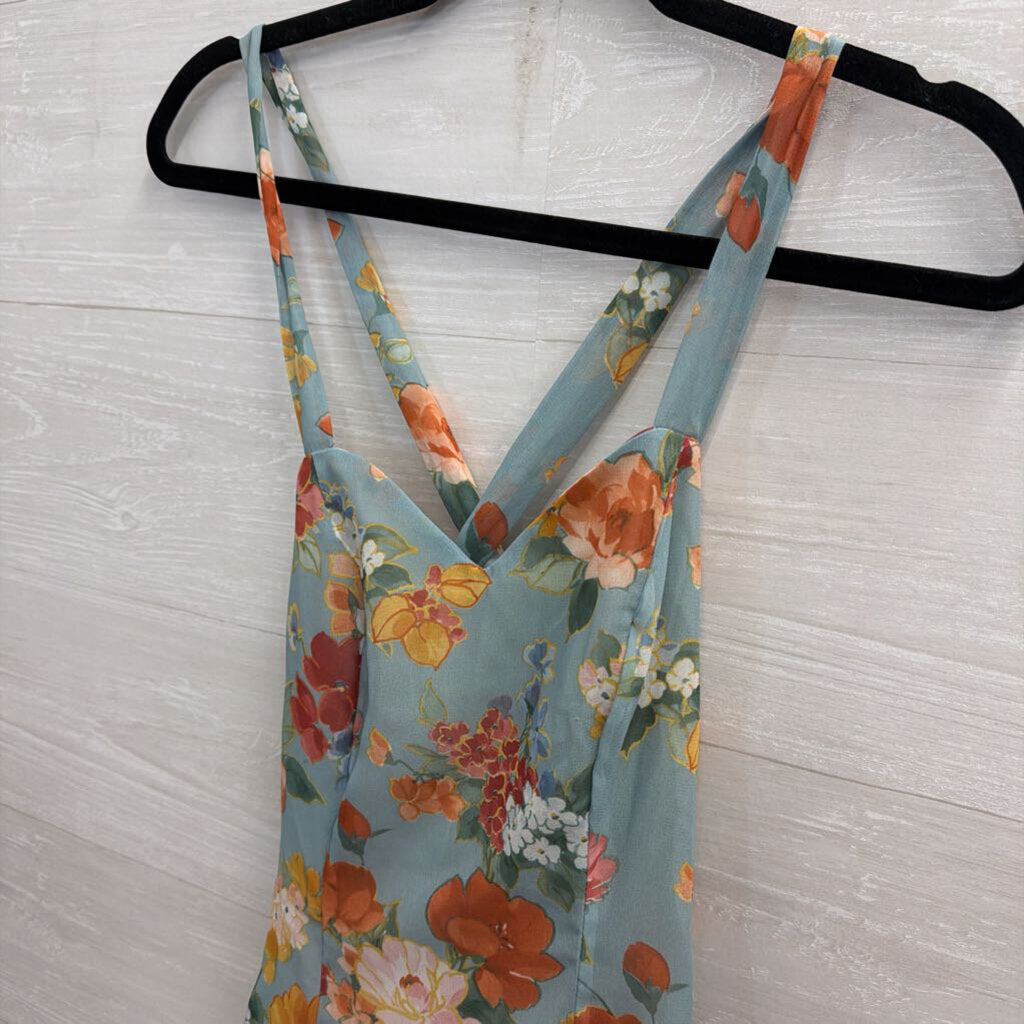 Alyn Paige Vintage Blue/ Multi Floral Lace Up Back Mini Dress Small