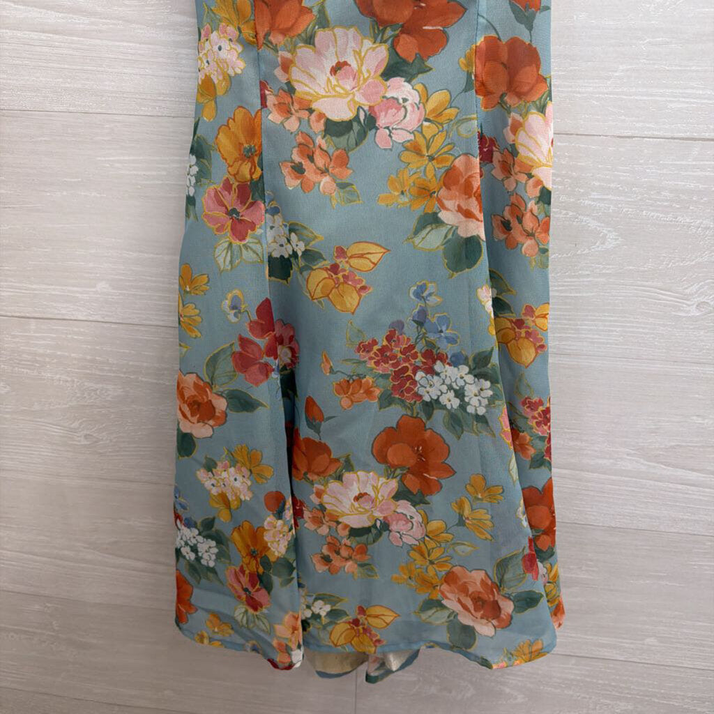 Alyn Paige Vintage Blue/ Multi Floral Lace Up Back Mini Dress Small