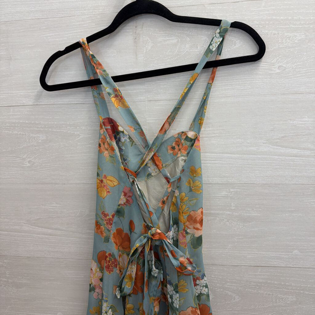 Alyn Paige Vintage Blue/ Multi Floral Lace Up Back Mini Dress Small