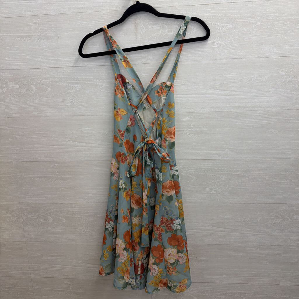 Alyn Paige Vintage Blue/ Multi Floral Lace Up Back Mini Dress Small