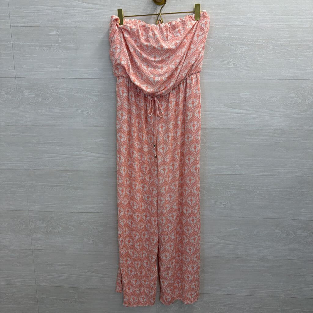 J Valdi Pink/ White Print Strapless Jumpsuit Small
