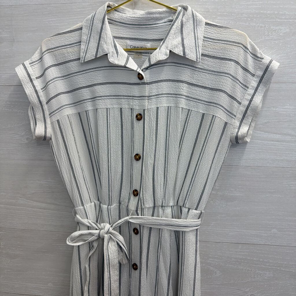 Calvin Klein White/ Grey Striped Short Sleeve Button Front Dress 4