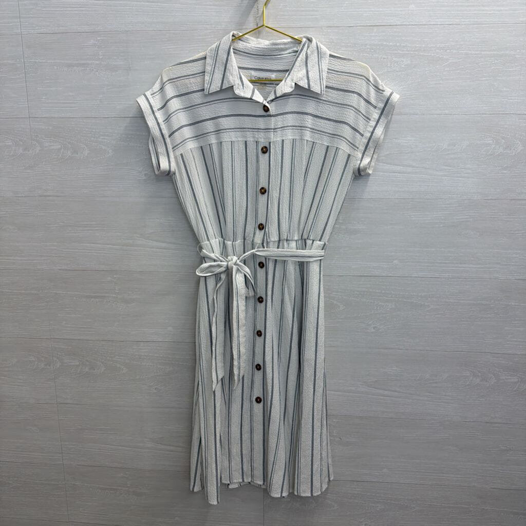 Calvin Klein White/ Grey Striped Short Sleeve Button Front Dress 4