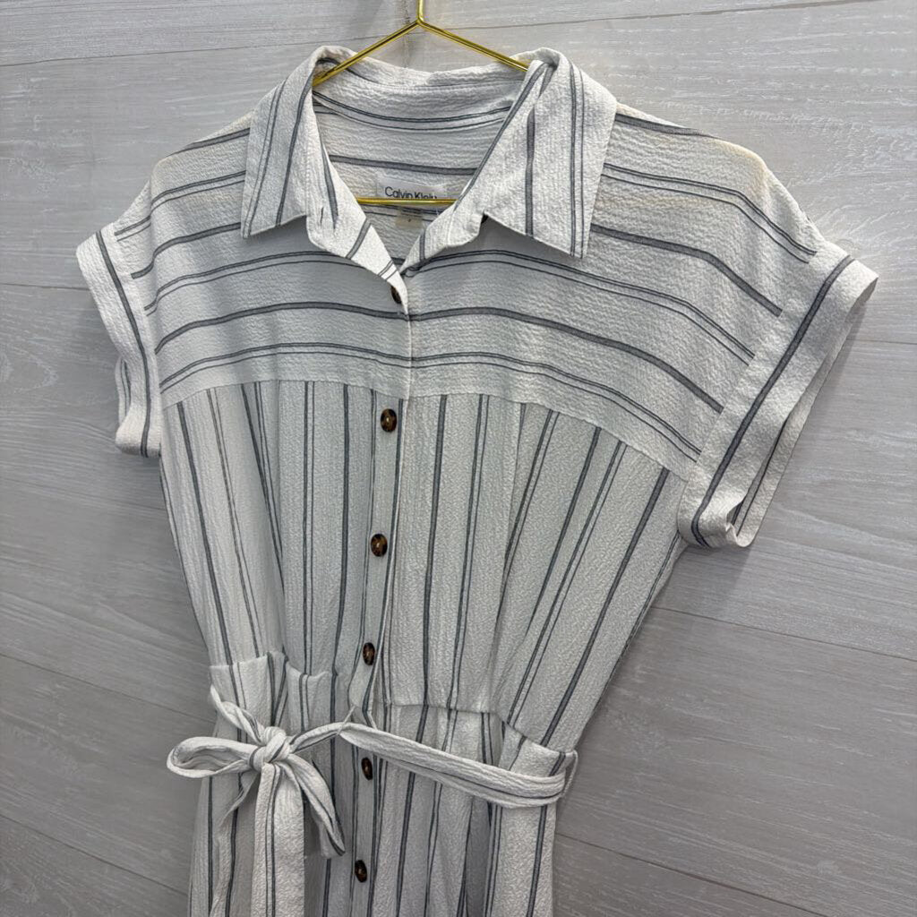 Calvin Klein White/ Grey Striped Short Sleeve Button Front Dress 4