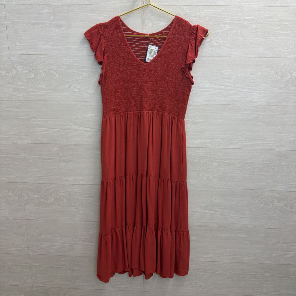 Burnt Orange Smocked Top Short Ruffle Sleeveless Midi Dress Small
