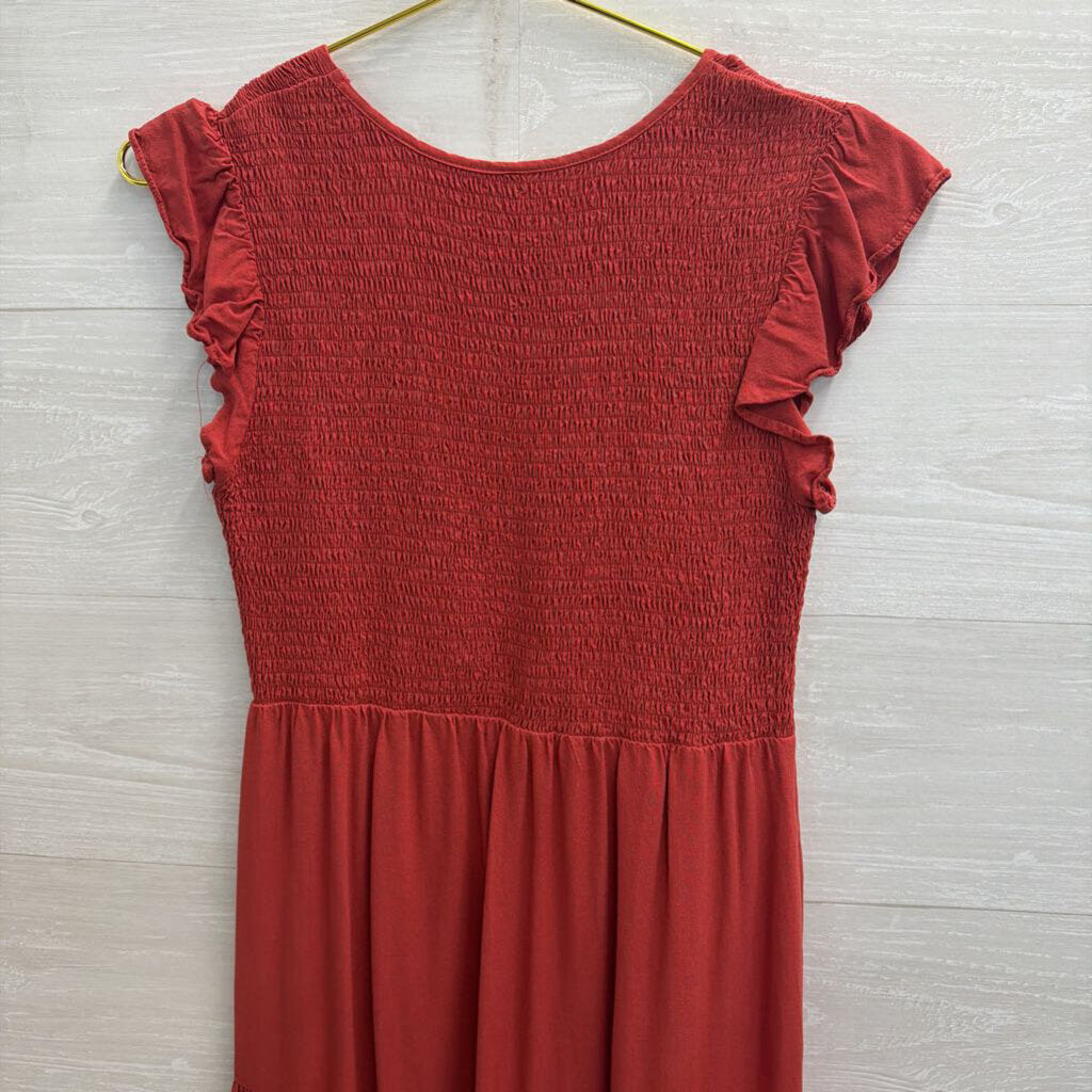 Burnt Orange Smocked Top Short Ruffle Sleeveless Midi Dress Small