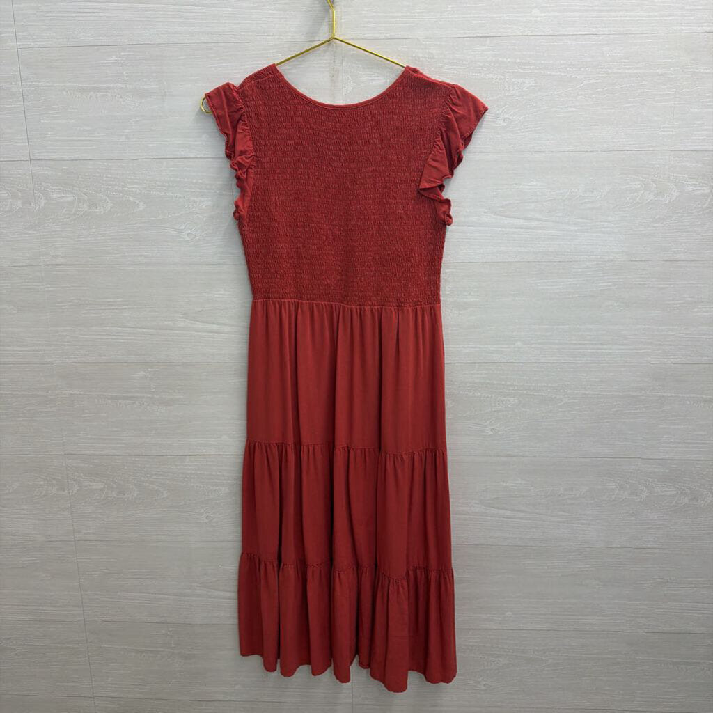 Burnt Orange Smocked Top Short Ruffle Sleeveless Midi Dress Small