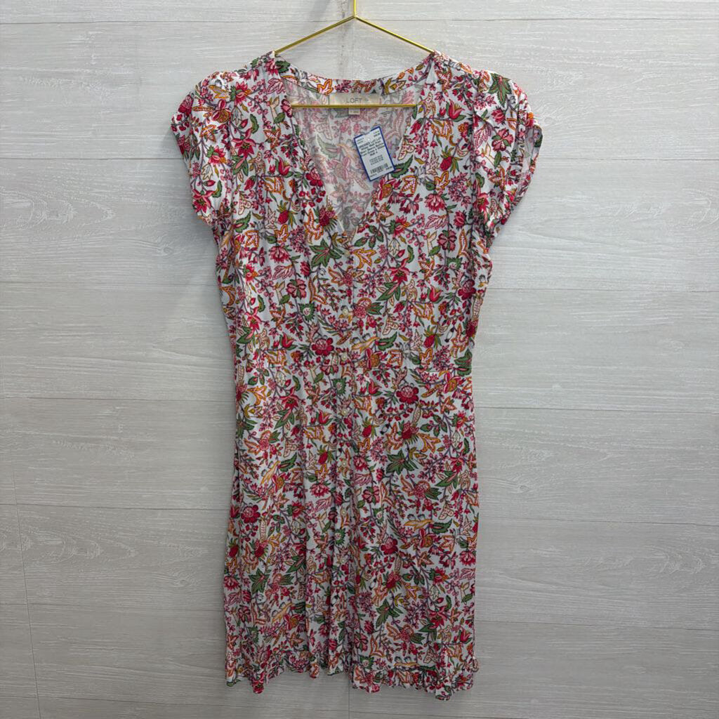 Loft White/ Multi Print Short Sleeve Button Front Dress 4