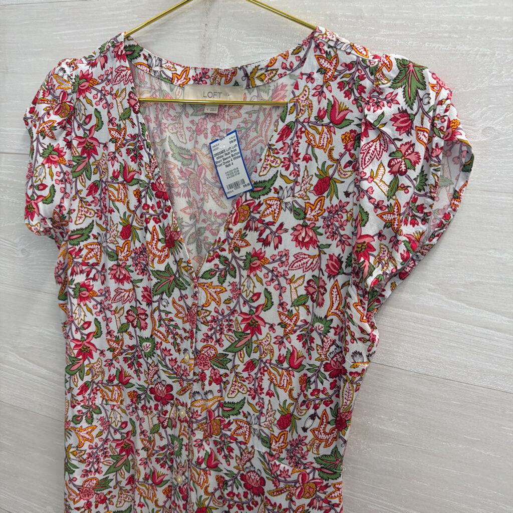 Loft White/ Multi Print Short Sleeve Button Front Dress 4