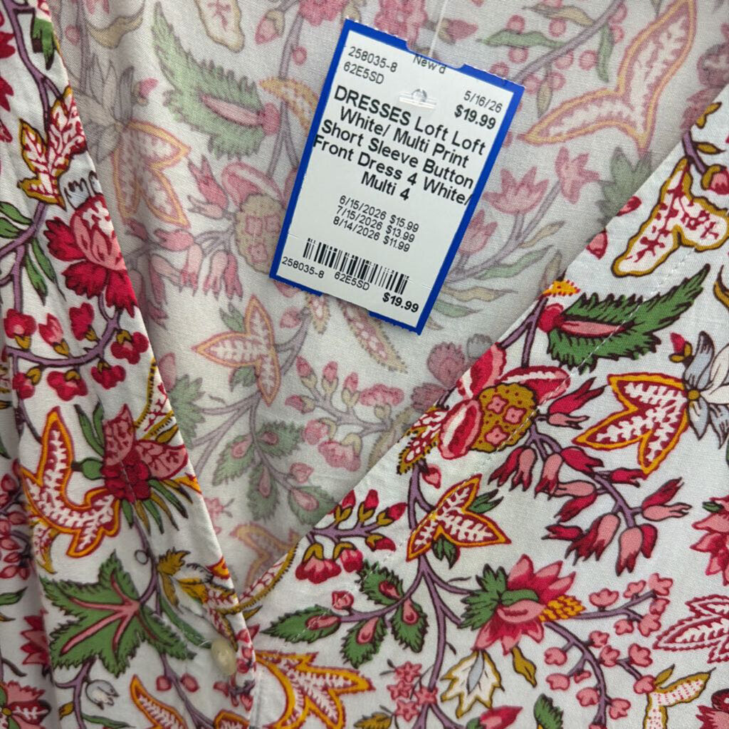 Loft White/ Multi Print Short Sleeve Button Front Dress 4