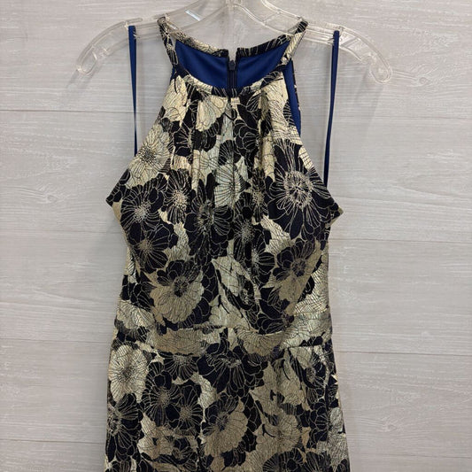 Betsy and Adam Navy/ Metallic Gold Floral Halter Top Long Formal Dress 10