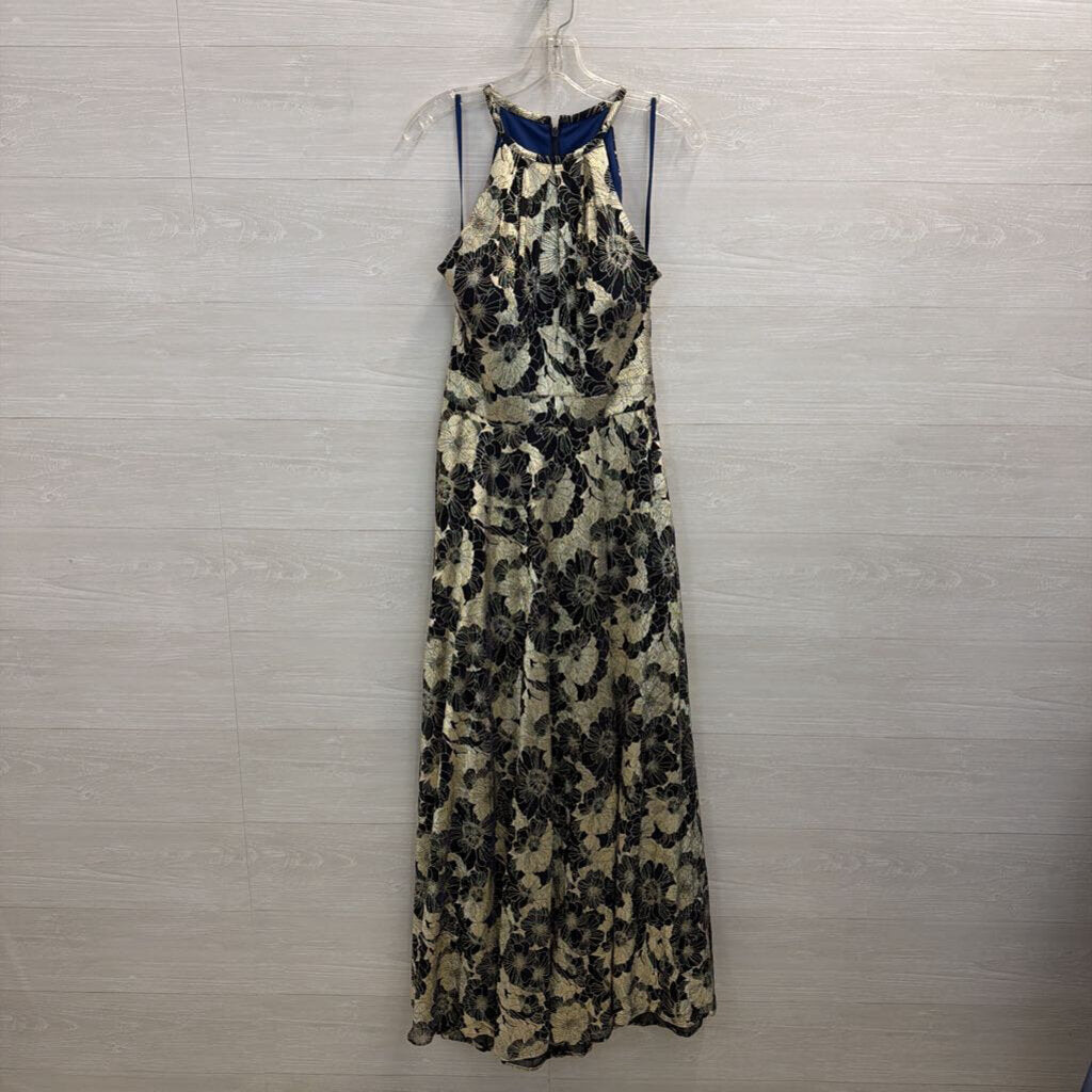 Betsy and Adam Navy/ Metallic Gold Floral Halter Top Long Formal Dress 10