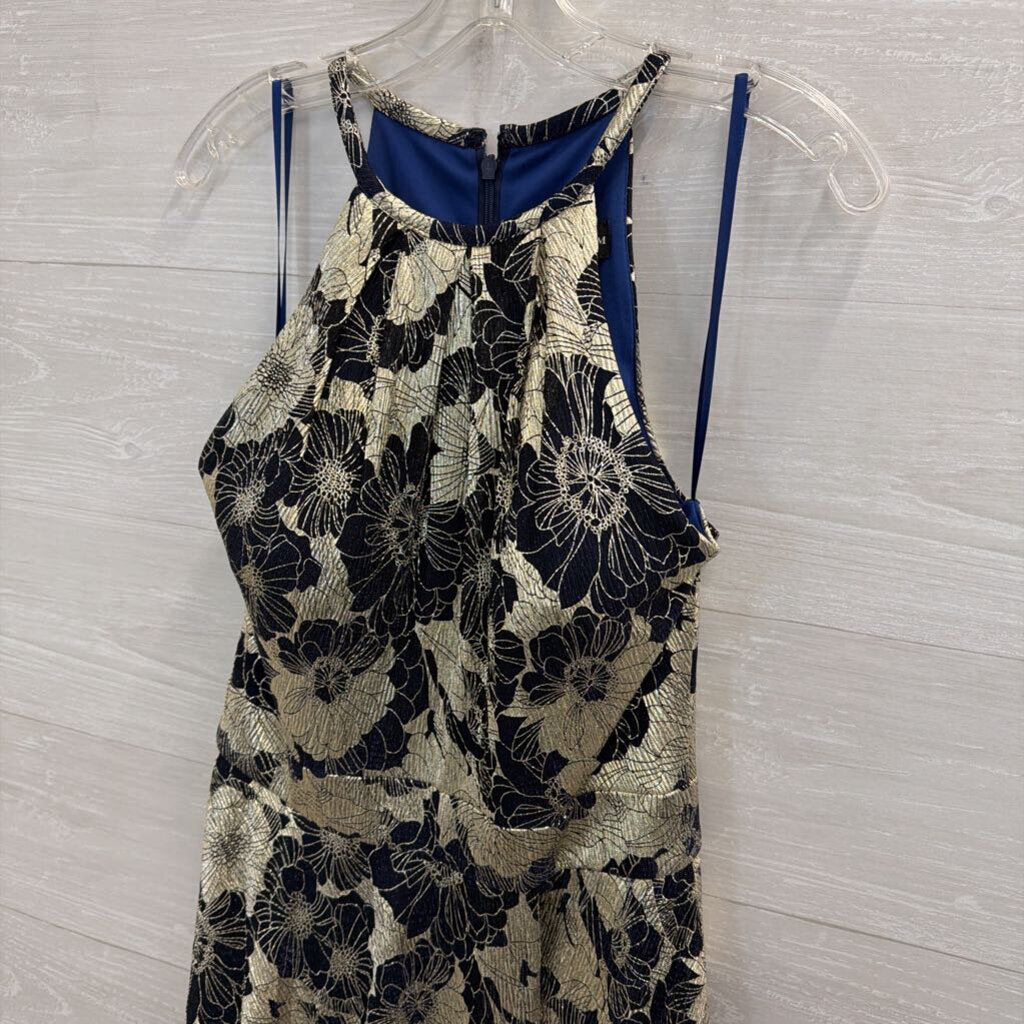 Betsy and Adam Navy/ Metallic Gold Floral Halter Top Long Formal Dress 10
