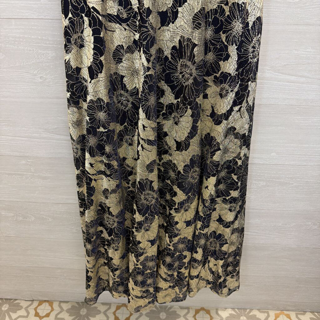 Betsy and Adam Navy/ Metallic Gold Floral Halter Top Long Formal Dress 10