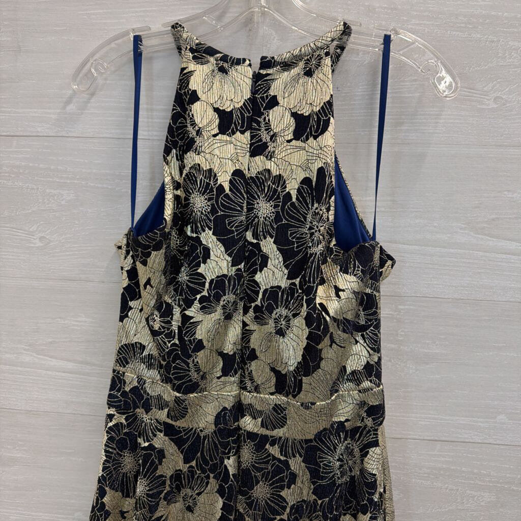 Betsy and Adam Navy/ Metallic Gold Floral Halter Top Long Formal Dress 10