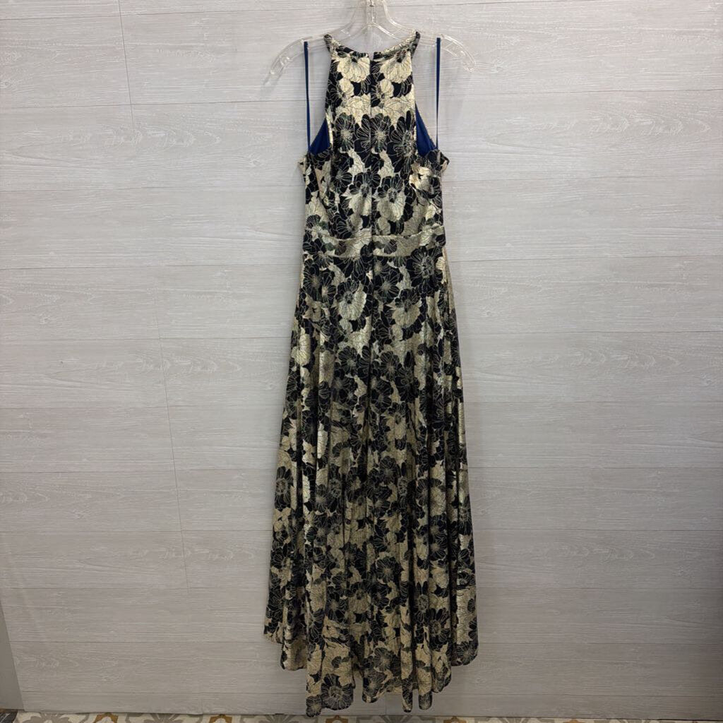 Betsy and Adam Navy/ Metallic Gold Floral Halter Top Long Formal Dress 10