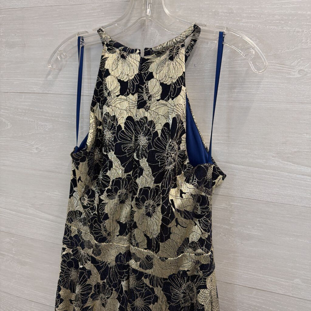 Betsy and Adam Navy/ Metallic Gold Floral Halter Top Long Formal Dress 10