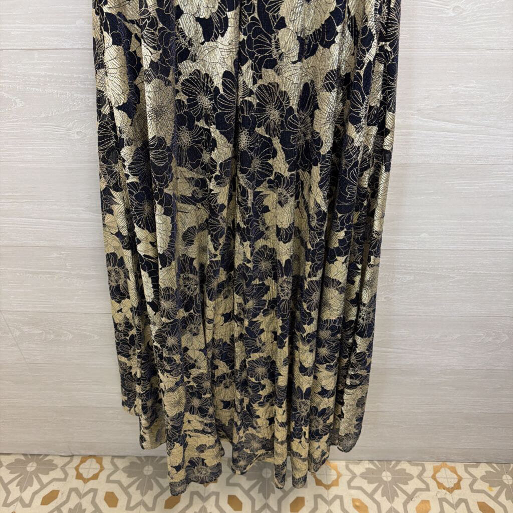Betsy and Adam Navy/ Metallic Gold Floral Halter Top Long Formal Dress 10