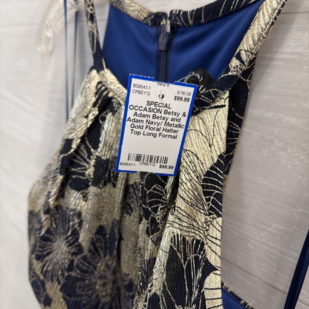 Betsy and Adam Navy/ Metallic Gold Floral Halter Top Long Formal Dress 10