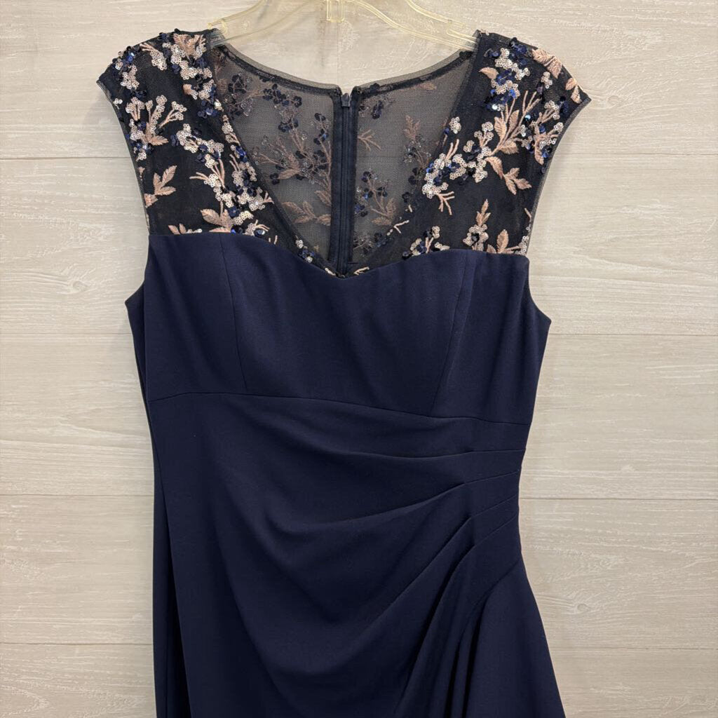 Alex Evenings Navy Sequin Embroidered Top Long Formal Dress 12