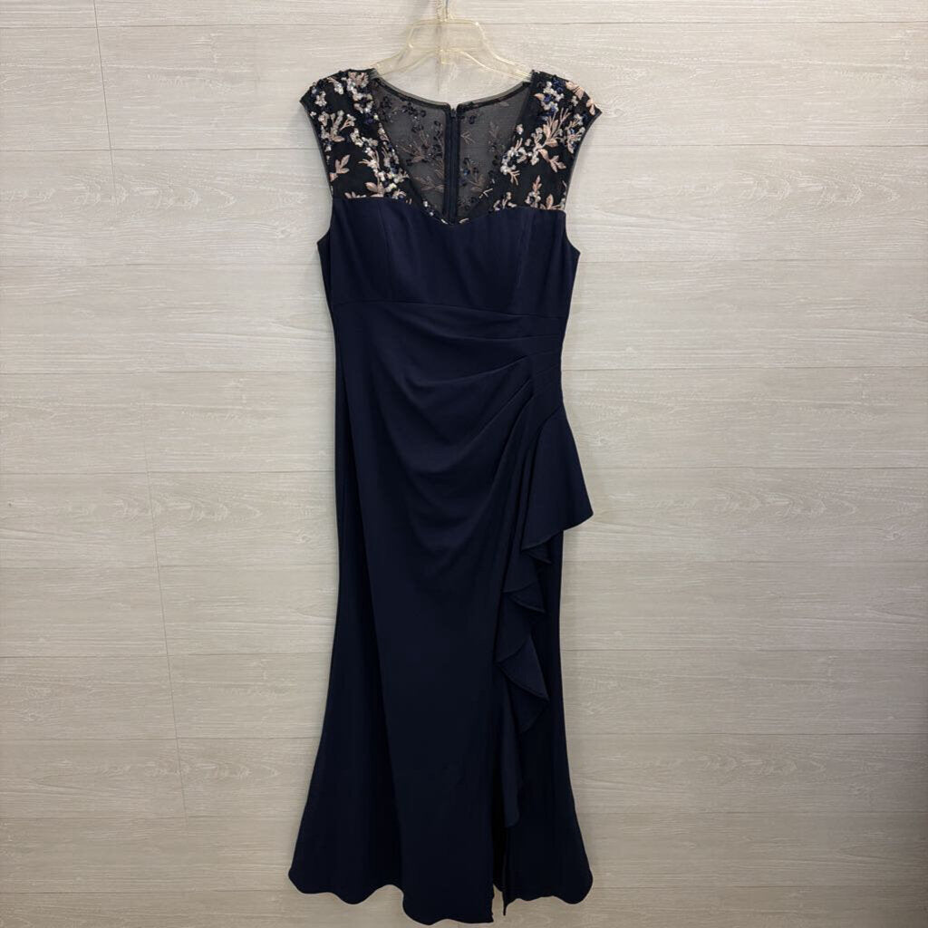Alex Evenings Navy Sequin Embroidered Top Long Formal Dress 12