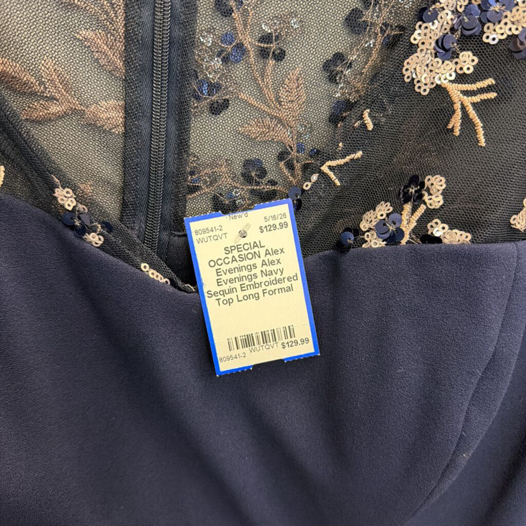 Alex Evenings Navy Sequin Embroidered Top Long Formal Dress 12