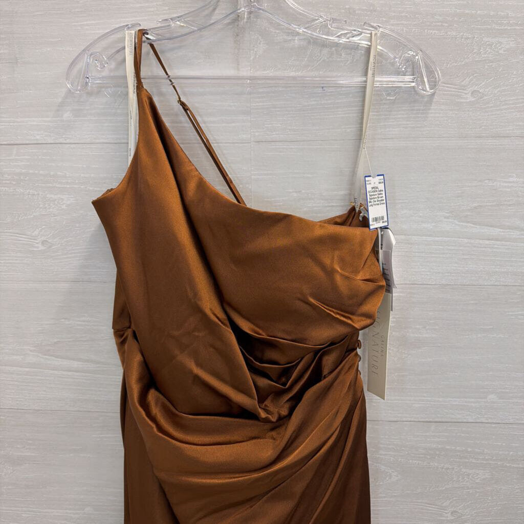 Galina Signature Brown Silky One Shoulder Long Formal Dress 14