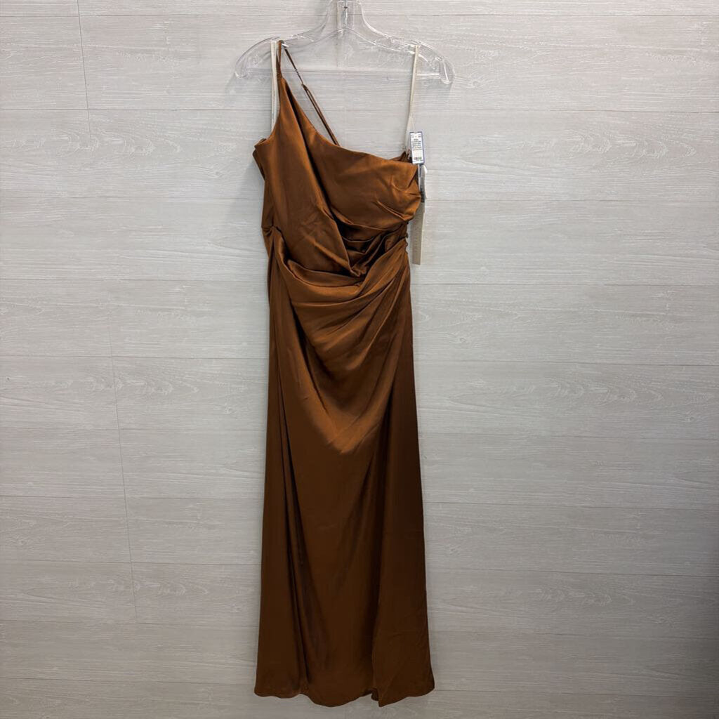 Galina Signature Brown Silky One Shoulder Long Formal Dress 14