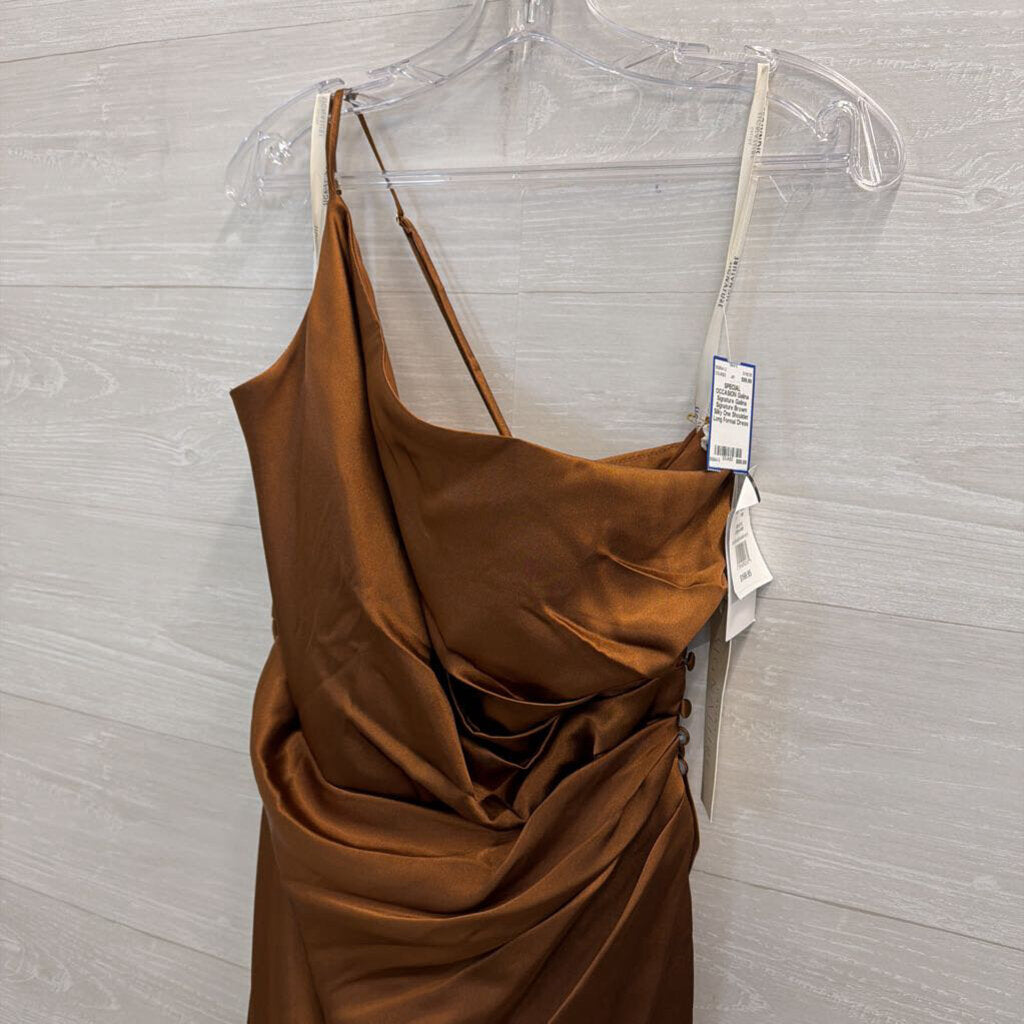 Galina Signature Brown Silky One Shoulder Long Formal Dress 14