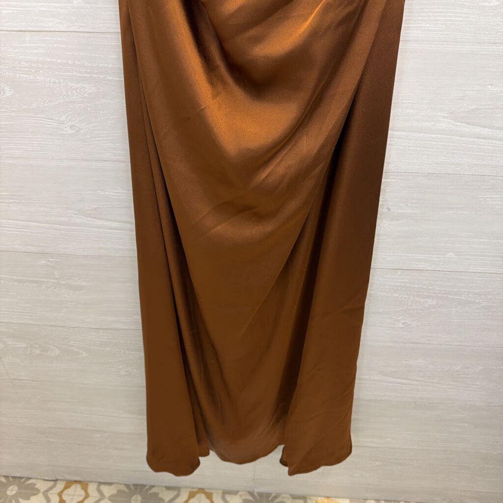 Galina Signature Brown Silky One Shoulder Long Formal Dress 14