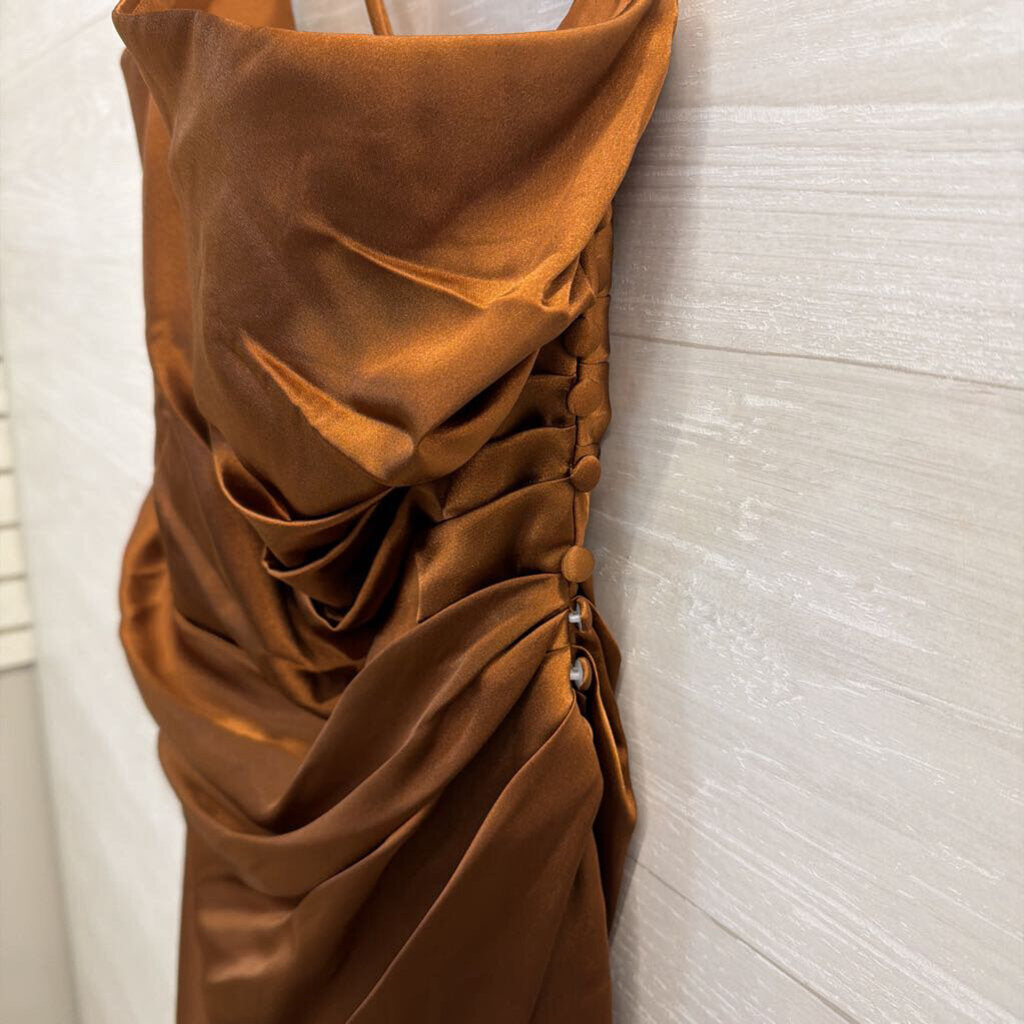 Galina Signature Brown Silky One Shoulder Long Formal Dress 14