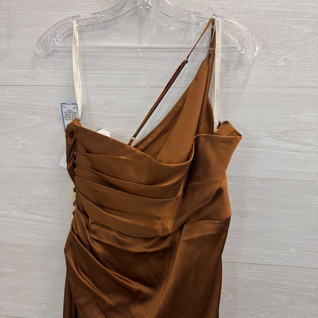 Galina Signature Brown Silky One Shoulder Long Formal Dress 14