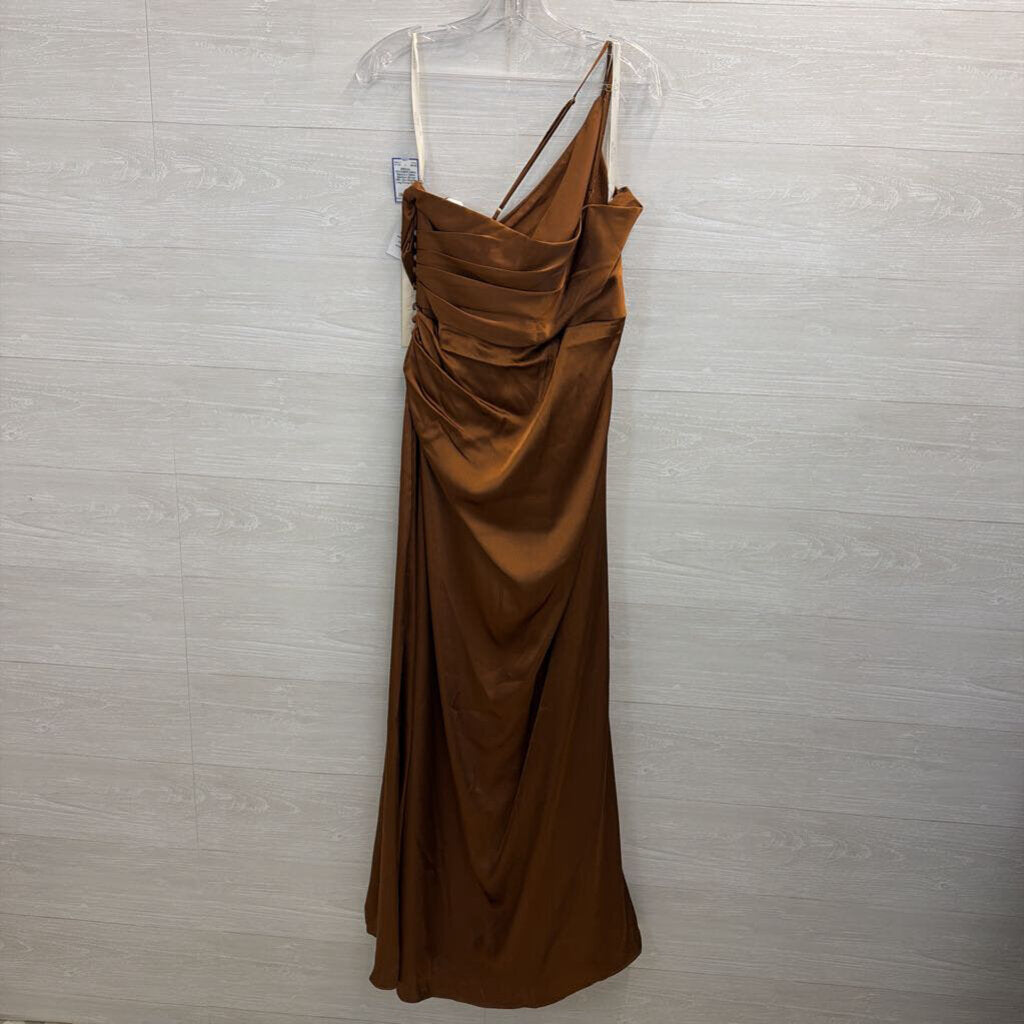 Galina Signature Brown Silky One Shoulder Long Formal Dress 14