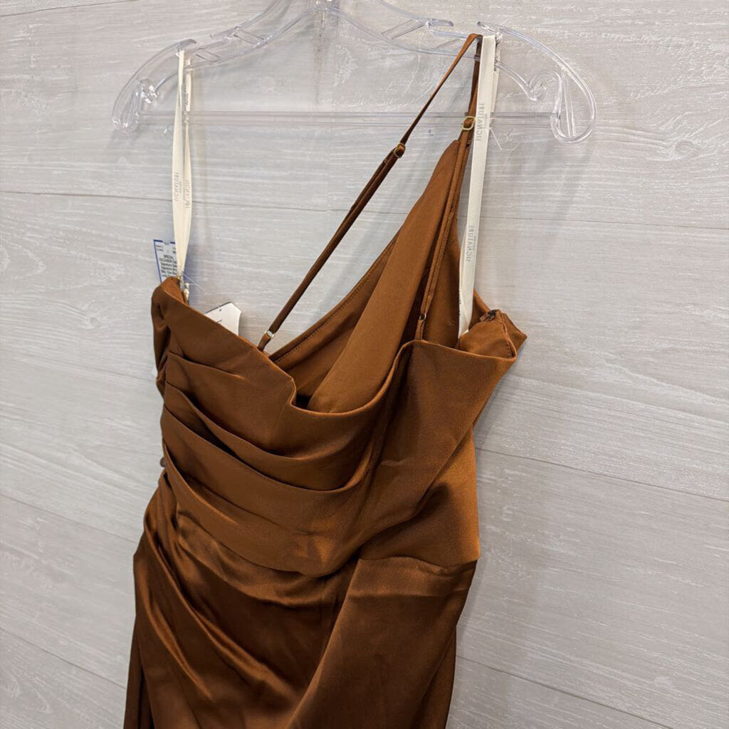 Galina Signature Brown Silky One Shoulder Long Formal Dress 14