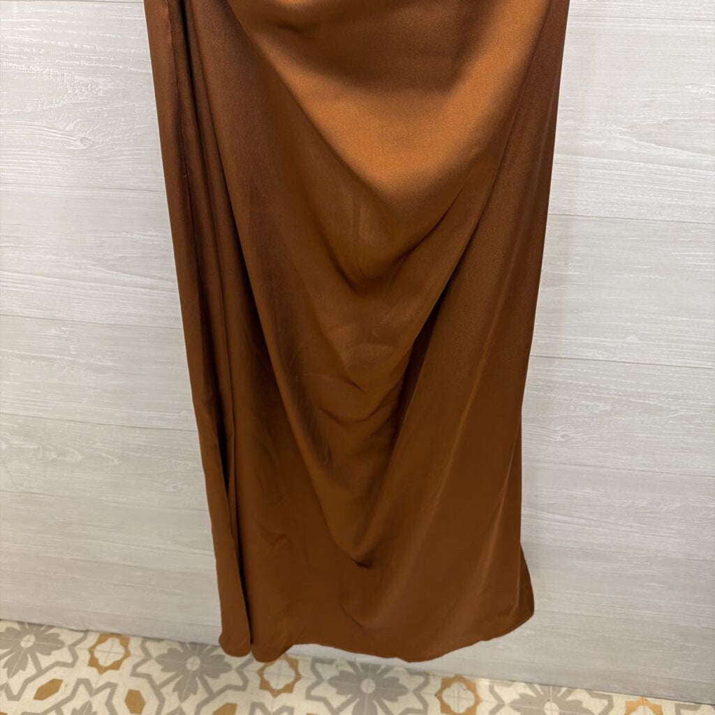 Galina Signature Brown Silky One Shoulder Long Formal Dress 14